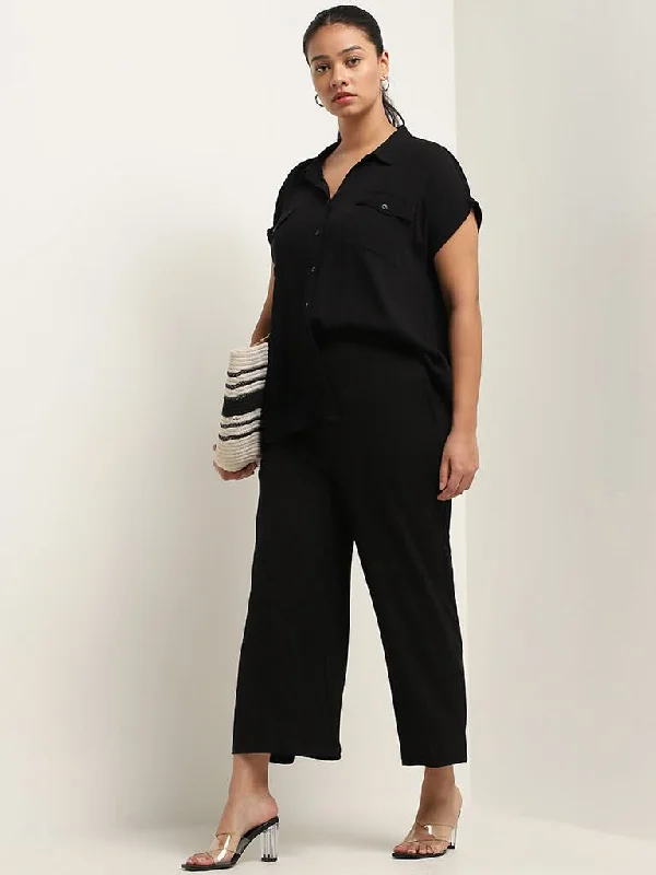 Gia Black Ribbed Mid Rise Flared Pants Casual Track Pants
