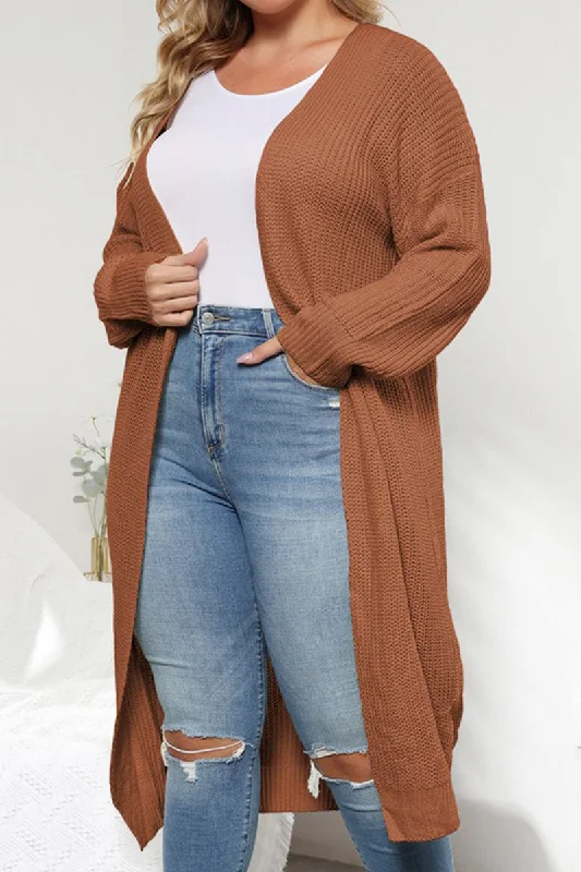 WOMEN PLUS SIZE KNITTED OPEN FRONT LONG CARDIGAN Tailored Straight A-Line