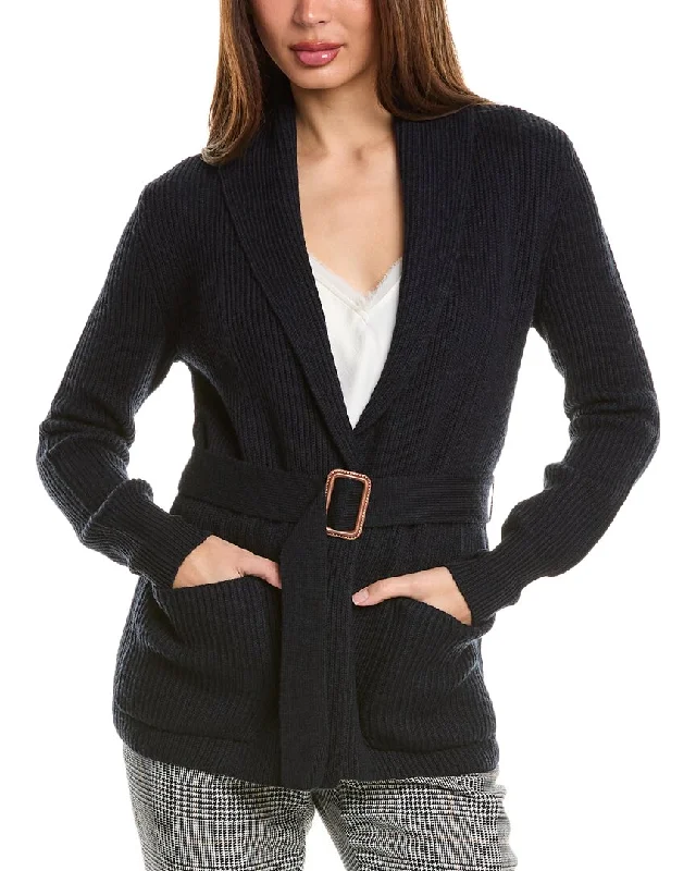 Bruno Magli Ribbed Belted Shawl Wool Cardigan Cable Knit Ribbed Knit Lace Knit
