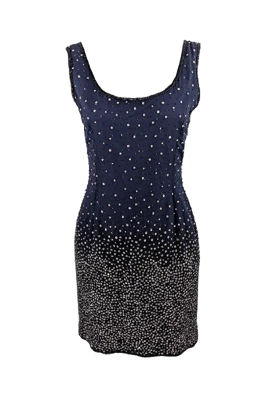 Escada Couture Vintage Blue Beaded Silk Party Dress, 1990s Crew Neckline Casual