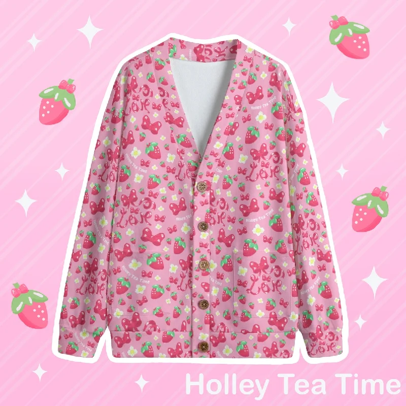 Strawberry Ribbon Unisex V-Neck Knitted Fleece Button Up Cardigan With Pockets Knit Fabric Woven Fabric Fleece Fabric