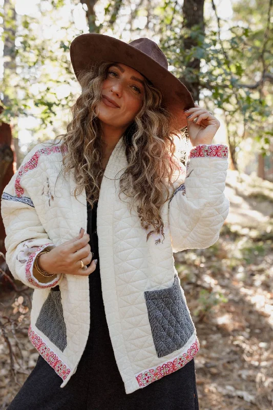 Adeline Embroidered Jacket - Cream Zippered Jacket Buttoned Jacket Snapped Jacket