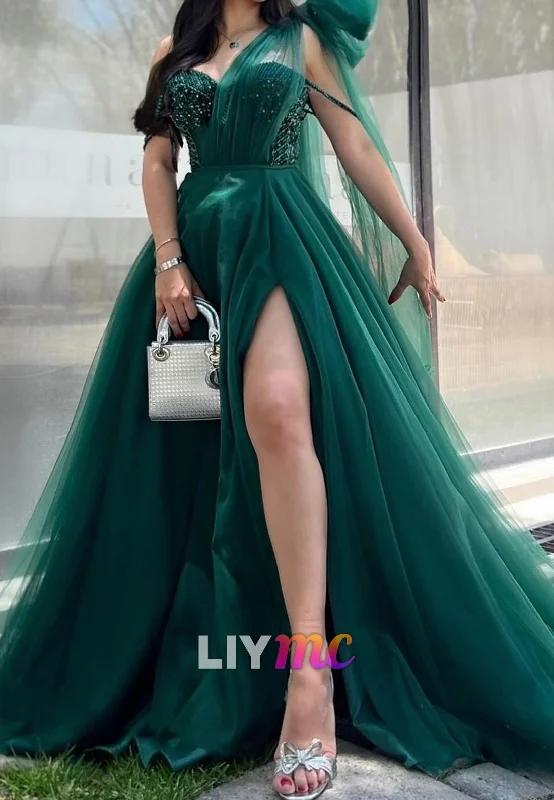 One Shoulder Sleeveless Pleated Tulle Beaded Prom Dress A-Line Party Dress Crew Neckline Casual One Shoulder Sleeveless Pleated Tulle Beaded Prom Dress A-Line Party Dress Crew Neckline Casual