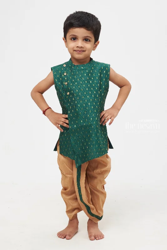 Boys Traditional Teal Green Brocade Waistcoat Set with Dual-Stripe Taupe Pants - Ethnic Festive Wear for Kids Lightweight Jogger Pants