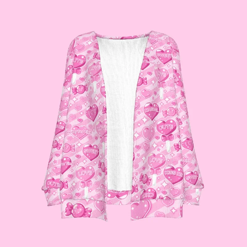 Candy Love Hearts (Pink Cutie) Women's Open Front Cardigan Notch Collar Peter Pan Collar Cowl Neck