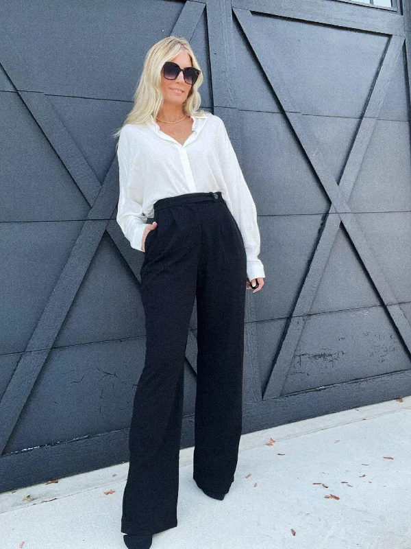 Office Essential High Waisted Pants-Black Relaxed Fit Trousers