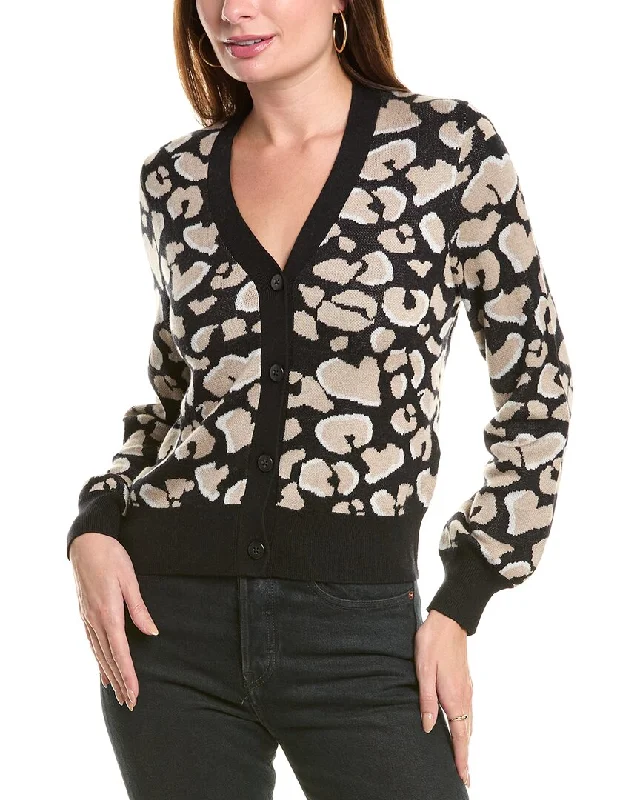 Splendid Leopard Cashmere-Blend Cardigan Satin Blend Silk Blend Wool Blend