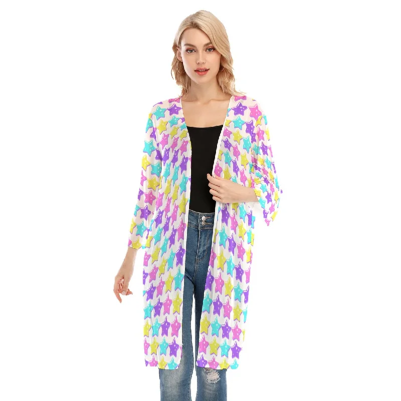 Electric Star Wave White V-neck Mesh Cardigan Transparent Opaque Sheer