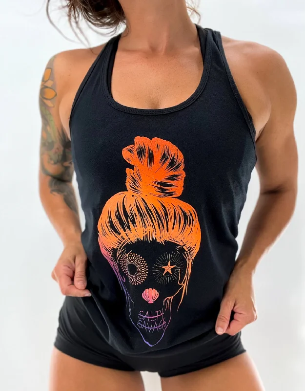 Ladies "Messy Bun Skull" Racerback Tank | Orange Purple Ombre stylish tank top