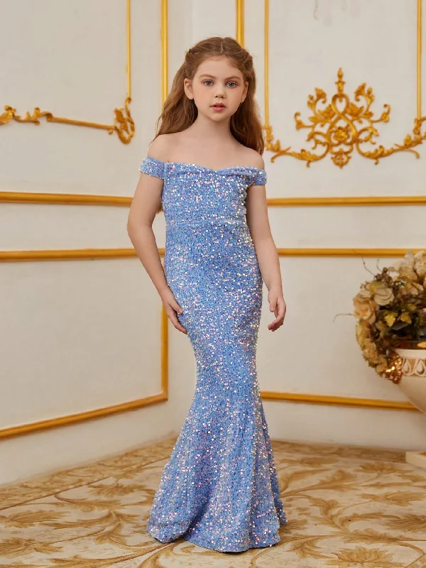 Tween Girls' Shiny Off Shoulder Split Mermaid Hem Sequin Party Dress Cowl Neckline Elegant