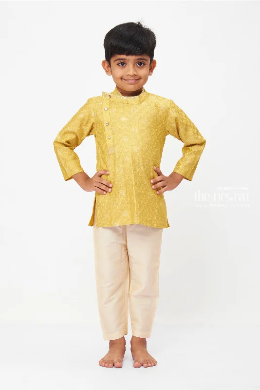 Elegant Mustard Yellow Kurta with Off-White Pant for Boys - Traditional Festive Wear Classic Stretch Pants