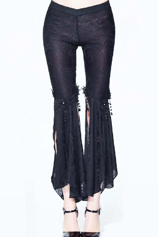 Black Fringe Lace Pendant Ninth Bell-Bottoms Women's Gothic Pants Soft Stretch Pants