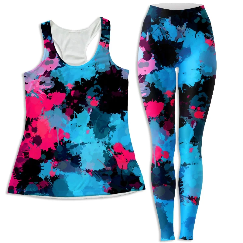 Pink and Blue Paint Splatter Women's Tank and Leggings Combo silver tank top