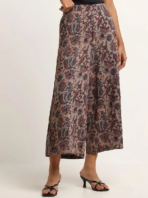 Utsa Beige Floral Print Wide Leg Pants Cozy Jogger Leggings