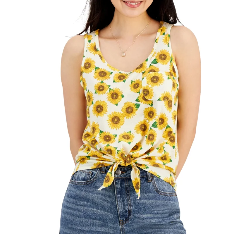 REBELLIOUS ONE - Sunflower-Print Tie-Hem Tank Top striped tank top