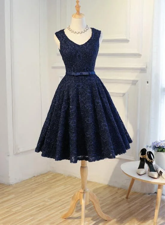 Navy Blue Lace Vintage Knee Length Bridesmaid Dress, Charming Lace Party Dress gh491 Tunics Canvas sturdy Navy Blue Lace Vintage Knee Length Bridesmaid Dress, Charming Lace Party Dress gh491 Tunics Canvas sturdy