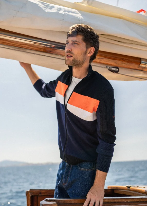 BARNEVILLE - Full-Zip Knit Cardigan for Men | 100% Wool (DARK BLUE / NAVY / NEON ORANGE / WHITE) Hooded Cardigan Collared Cardigan Shawl Collar