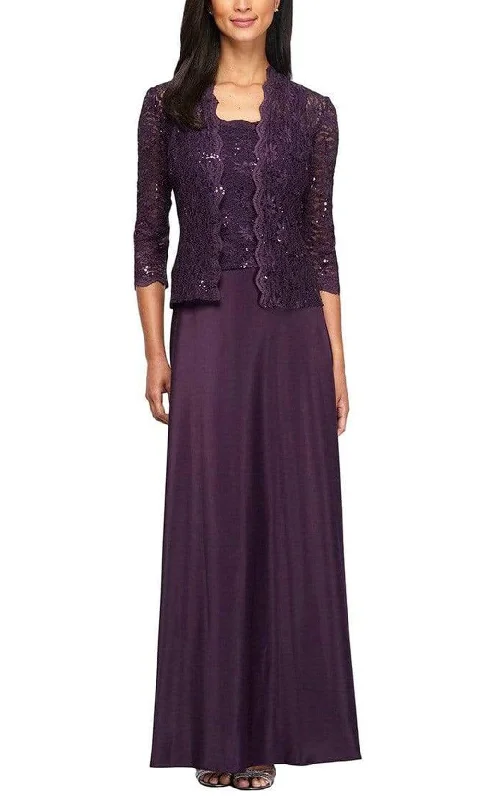 Alex Evenings - 1121198 Lace and Chiffon Dress with Lace Jacket Hoodie Zip-Up Jacket Button-Up Jacket