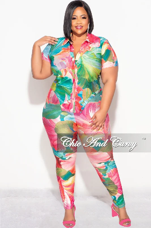 Final Sale Plus Size 2pc Button Up Collar Top and Pants Set in Pink and Green Tropical Print Slim Fit Casual Pants