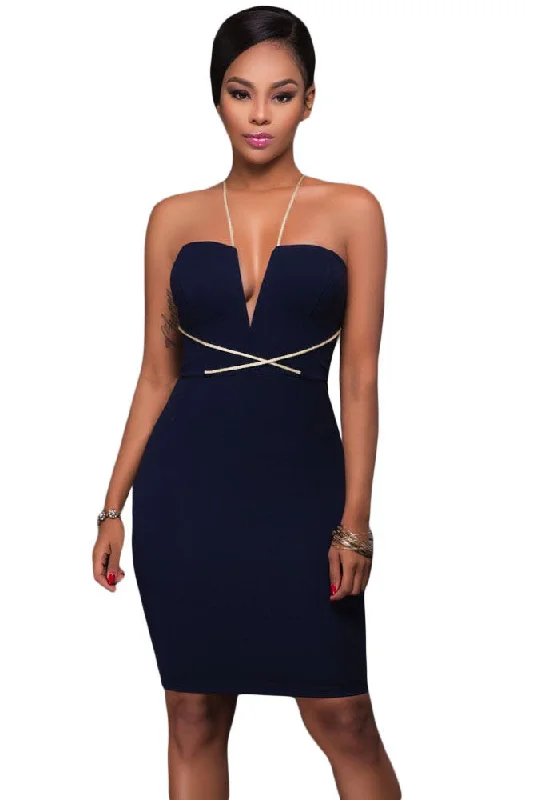 Sexy Contrast String Around Navy Bodycon Party Dress Tunics Winter warm