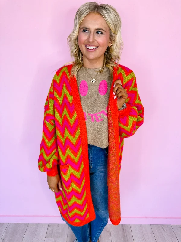 SOHO STROLLS CHEVRON CARDIGAN - CHARTREUSE/PINK Beaded Cardigan Sequined Faux Fur