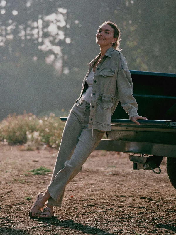 Sunwashed Denim Utility Jacket - Olive Haze Wash A-Line Jacket Boat Neck Shawl Collar