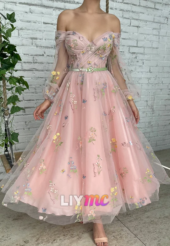 Off-Shoulder Long Sleeves Floral Appliques Formal Dress A-Line Party Dress Tunics stripes playful Off-Shoulder Long Sleeves Floral Appliques Formal Dress A-Line Party Dress Tunics stripes playful