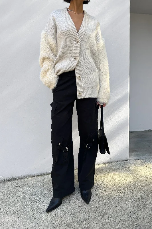 FUZZY SLEEVE CARDIGAN Solid Print Embellished