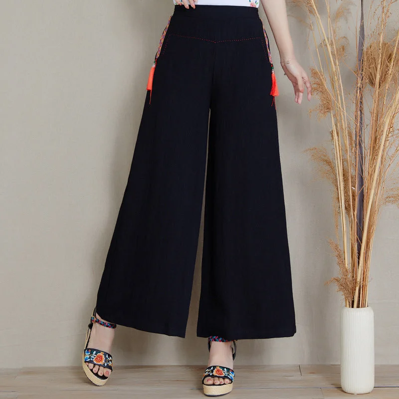Floral Embroidery Chinese Style Women's Loose Pants with Tassels Chic Wool Trousers