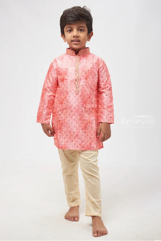 Pink Paisley Elegance: Mandarin Collared Kurta with Pant Set for Boys Classic Straight-Leg Pants