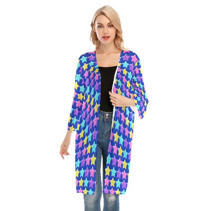 Electric Star Wave Navy Blue V-neck Mesh Cardigan Elegant Classic Vintage