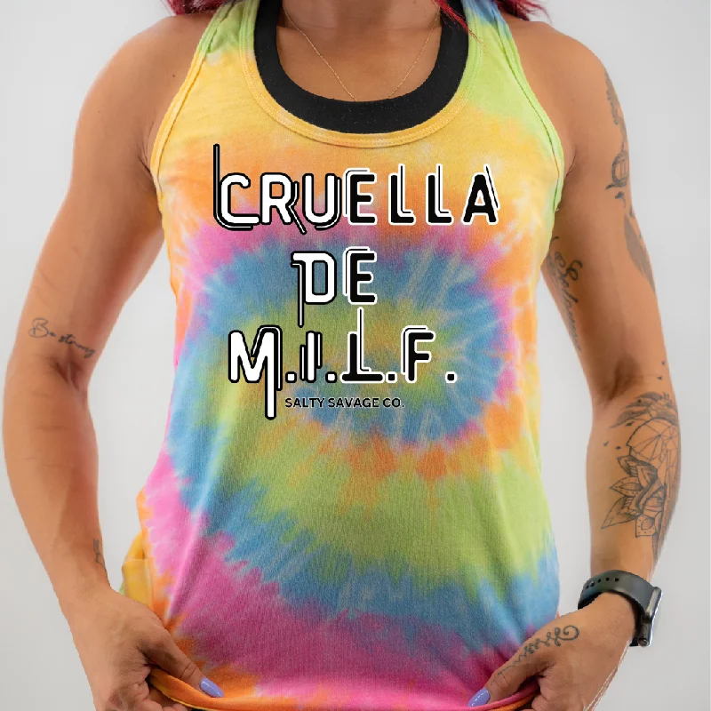 Ladies “CRUELLA DE M.I.L.F.” Racerback Tank | Tie Dye silver tank top
