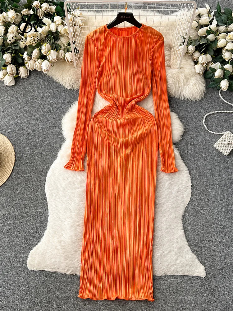 Yipinpay Solid Pleated Long Dress O Neck Full Flare Sleeves HIgh Elastic Female Skinny Fashion Autumn Retro Bodycon Party Dress Boat Neckline Classic Yipinpay Solid Pleated Long Dress O Neck Full Flare Sleeves HIgh Elastic Female Skinny Fashion Autumn Retro Bodycon Party Dress Boat Neckline Classic