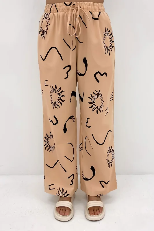 Penny Pant Beige Black Sun Swirl Comfortable Denim Pants