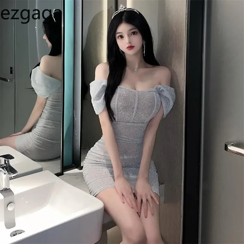 Yipinpay Woman Dress Summer Sexy Bright Silk Slim Puff Sleeve Off Shoulder Slim Stretch Elegant Party Dresses Female Clubwear Tunics Luxurious premium Yipinpay Woman Dress Summer Sexy Bright Silk Slim Puff Sleeve Off Shoulder Slim Stretch Elegant Party Dresses Female Clubwear Tunics Luxurious premium
