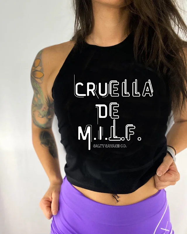 Salty Savage Ladies "Cruella De M.I.L.F" Flowy Crop Tank solid color tank