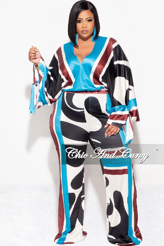 Final Sale Plus Size 2pc Satin Top and Palazzo Pants Set in Turquoise Design Chic Faux Leather Pants