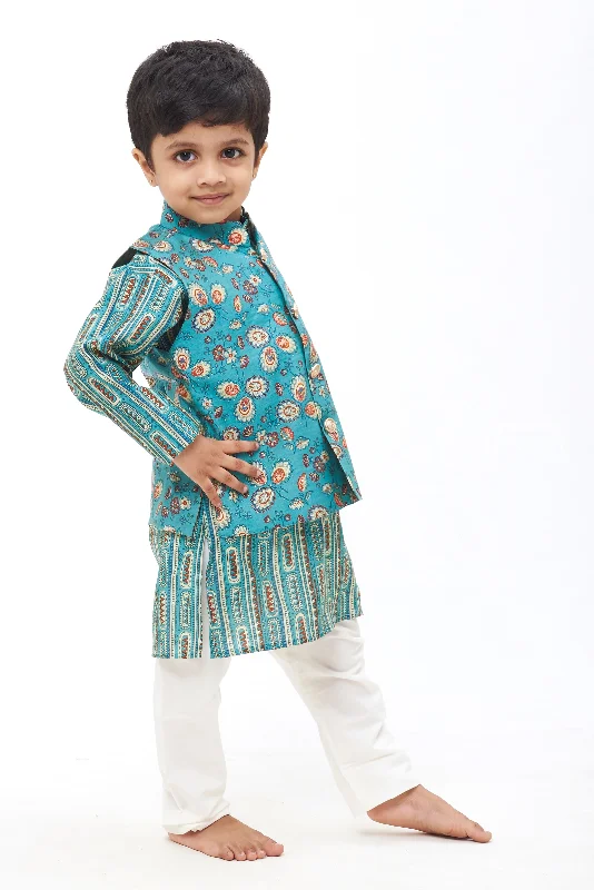 Boys Green Floral Kurta with Overcoat & White Pant Ensemble Soft Stretch Trousers