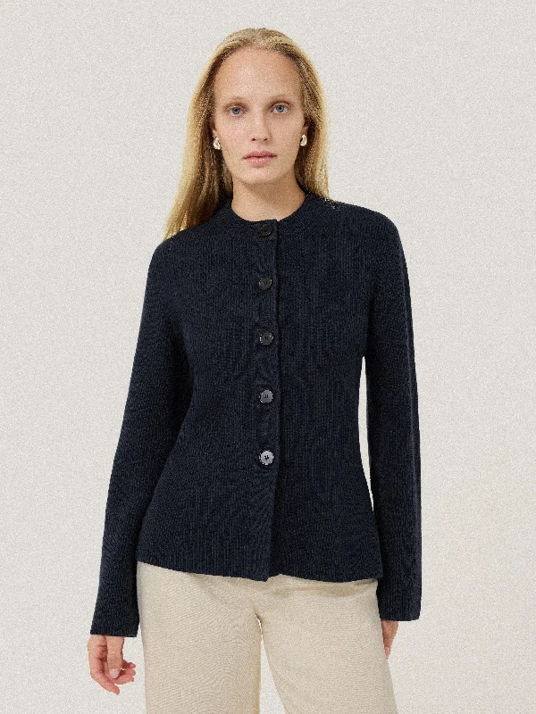 Cotton Blend Knit Cardigan | Navy Mesh Cardigan Canvas Denim
