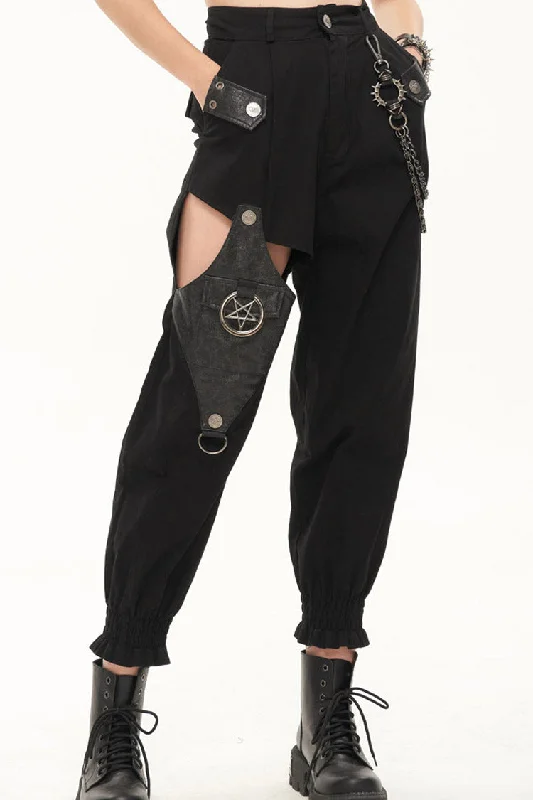 Black Punk Cutout Leather Splicing Detachable Metal Chain Women's Long Pants Fashionable Sporty Pants