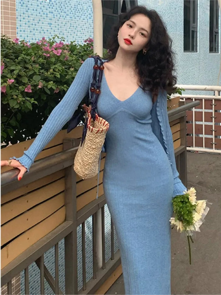 Cinessd Christmas Gift Outfit Autumn Elegant Knitted Two piece Dress Set Women Crop Cardigan V-neck Spaghetti Strap Bodycon Midi Dress Vintage Chic Clothing Boat Neck Shawl Collar Notched Collar
