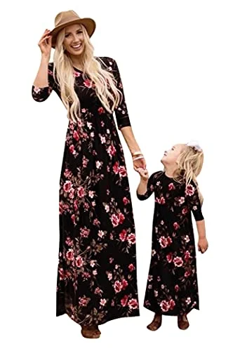 Mother and Daughter Matching Maxi Long Dress Flower Pattern Dresses Family Party Dress for Mother and Girl S-3XL Tunics Timeless classic