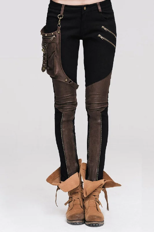 Punk Black Metal Ring Decoration Brown Leg Bag Twill Women's Pants Comfy Zip-Up Pants