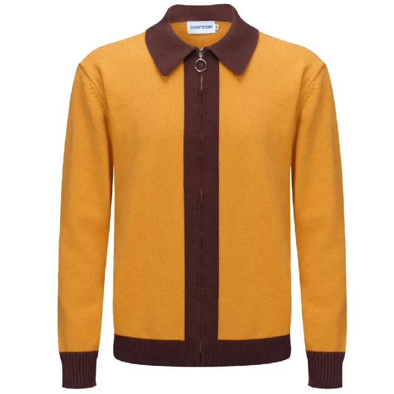 Men's Yellow Long Sleeve Knitted Zip Cardigan With Brown Neck Real Fur Shearling Chenille Men's Yellow Long Sleeve Knitted Zip Cardigan With Brown Neck Real Fur Shearling Chenille