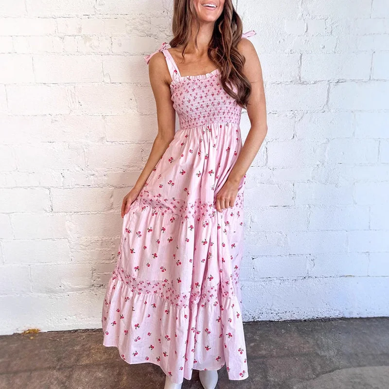 Cinessd Sweet Girl Sleeveless Tie-up Cake Dress Elegant Pink Floral Printed Pleated Party Dress Casual High Waist Backless Long Dresses Tunics Modern contemporary Cinessd Sweet Girl Sleeveless Tie-up Cake Dress Elegant Pink Floral Printed Pleated Party Dress Casual High Waist Backless Long Dresses Tunics Modern contemporary