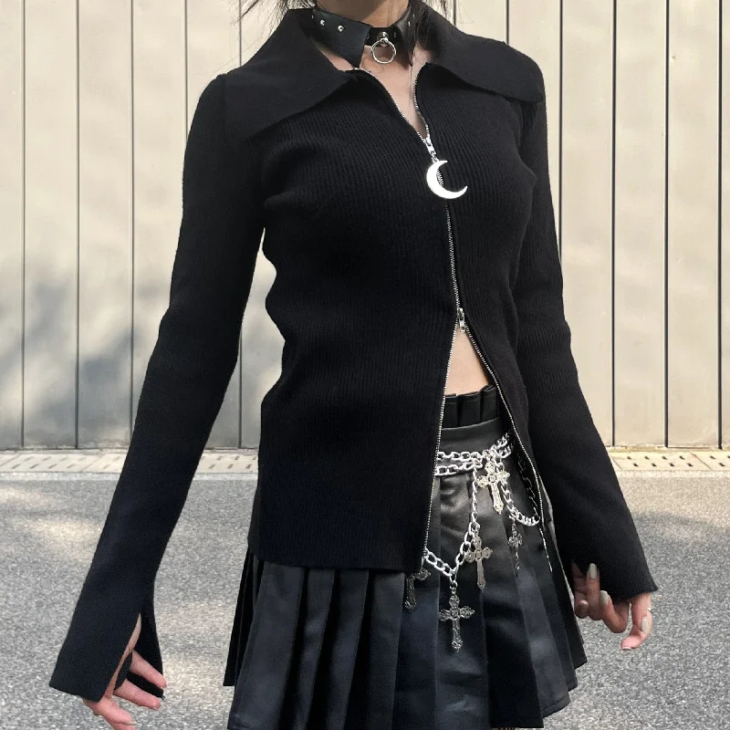 Women's Punk Turn-down Collar Double-zipper Cardigan Neon metallic Matte