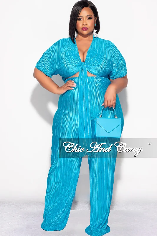 Final Sale Plus Size 2pc Pleated Top and Pants Set in Turquoise Trendy Work Pants
