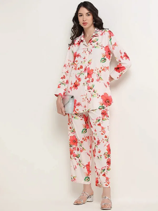 Vark Pink Floral Printed Tunic & Pants Set Trendy Work Pants