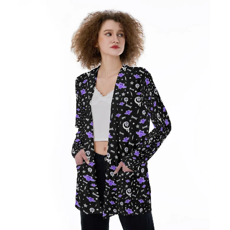 Milky Bat Night Open Front Lightweight Cardigan With Pockets (Black) Mesh Blend Leather Blend Suede Blend