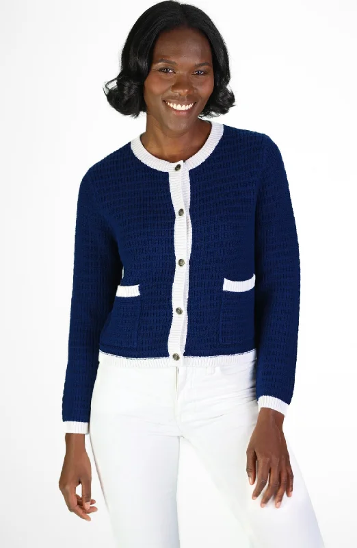 Navy & White Lady Cardigan Glossy Satin Silk